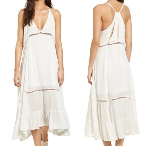 Raga La Cruz Midi Sundress White Plunging V Neck Bohemian Flowy S Small - Picture 1 of 15